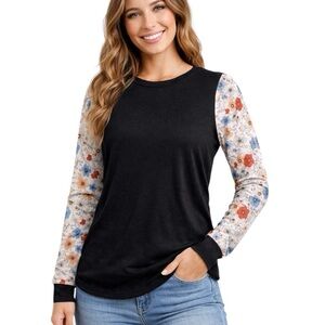Boutique Black Floral Sleeve Top Size Large Boho Long Sleeve Lightweight Tunic
